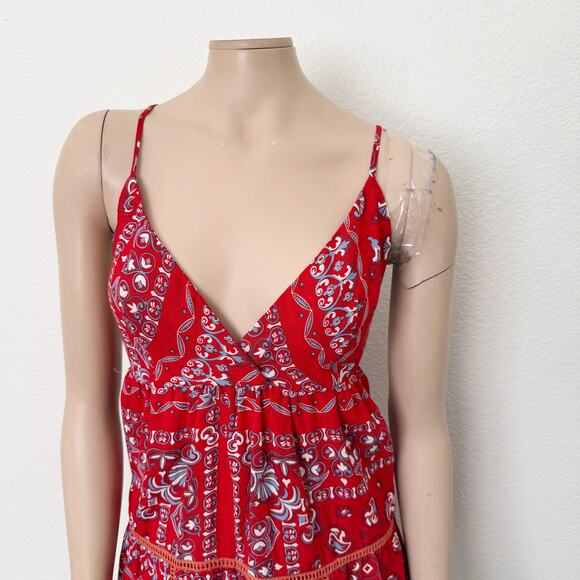 [Selfie Leslie] Red Ariya V-Neck Low Back Ruffle Bandanna Mini Dress Sz Large L - Picture 5 of 12